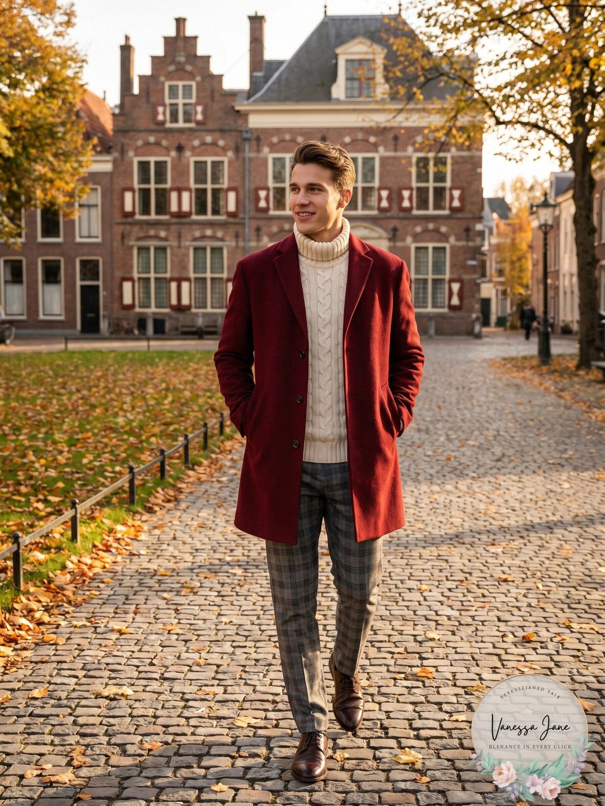 Men's slim-fit overcoat in deep red with notched lapels and single-breasted button front