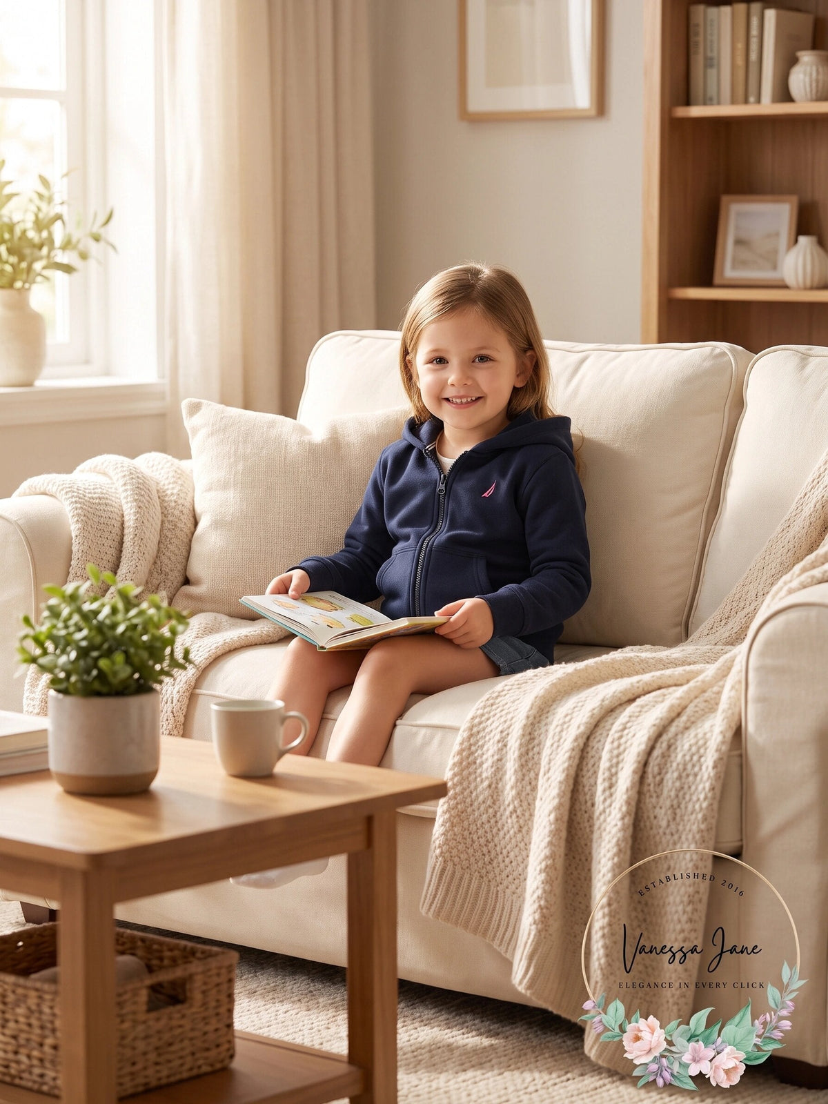 Navy zip-up fleece hoodie with hood, worn by a child on a sofa while reading