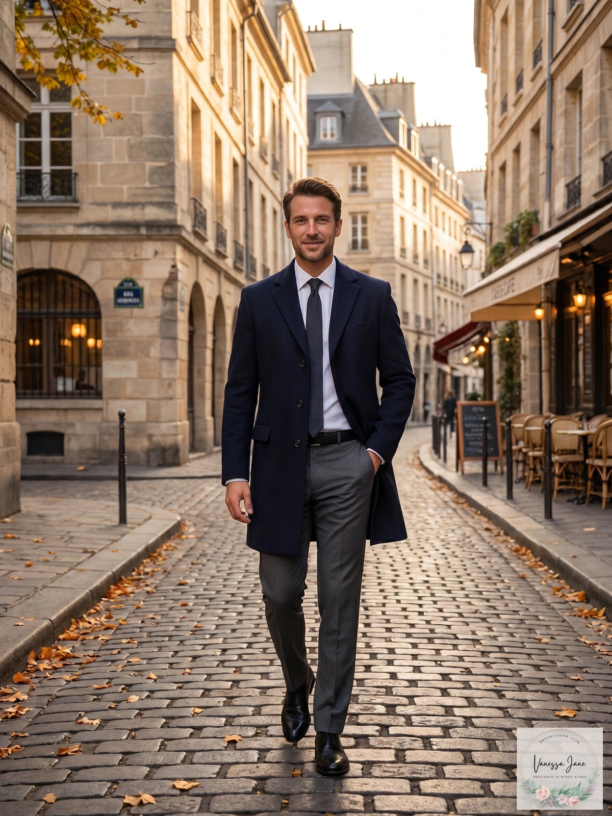 Men's slim-fit overcoat in dark navy with notched lapels and single-breasted button front