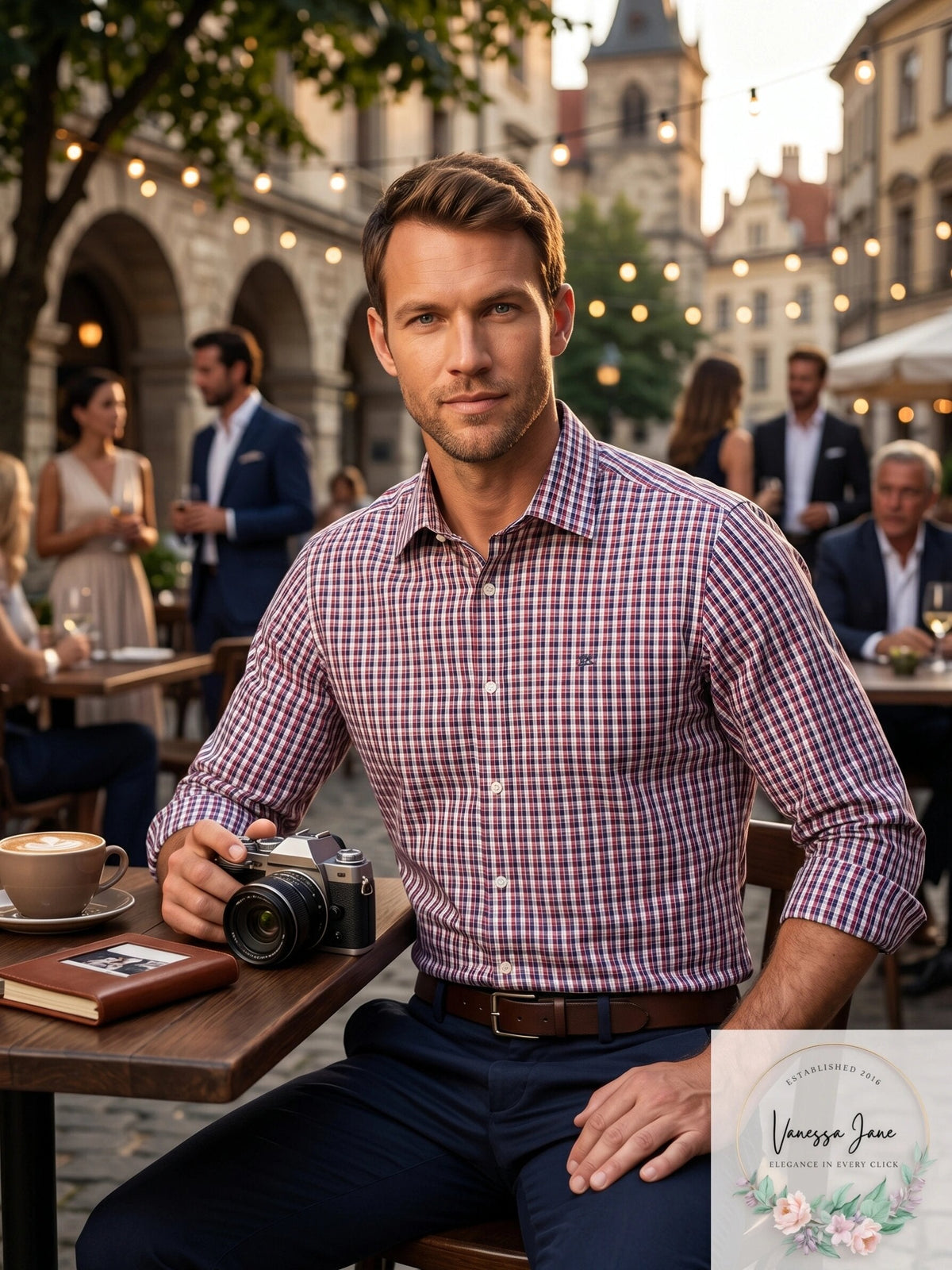 Calvin Klein men's plaid dress shirt, red and navy check, front buttons and collar
