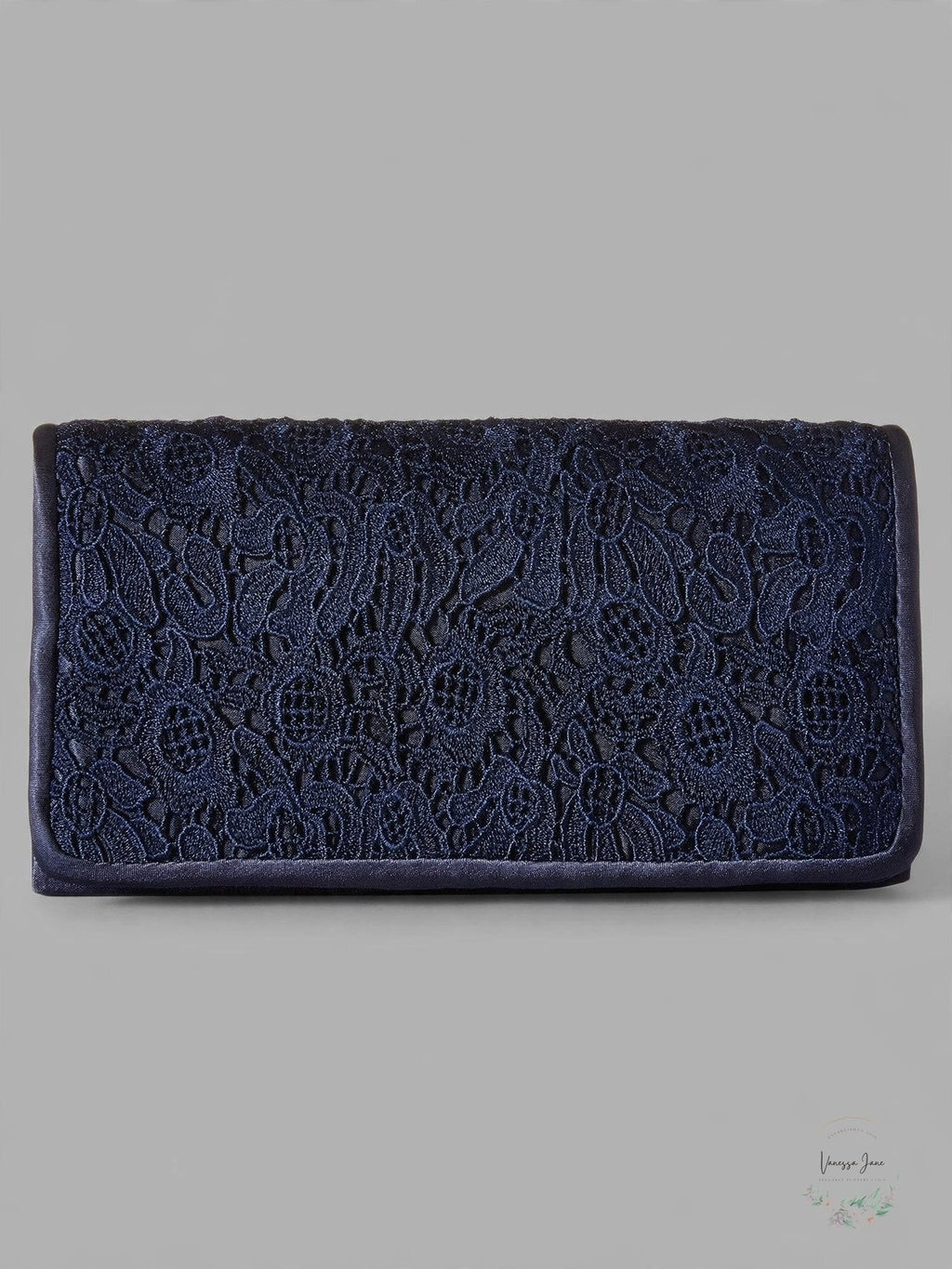 Navy lace rectangular clutch with fold-over top and clasp