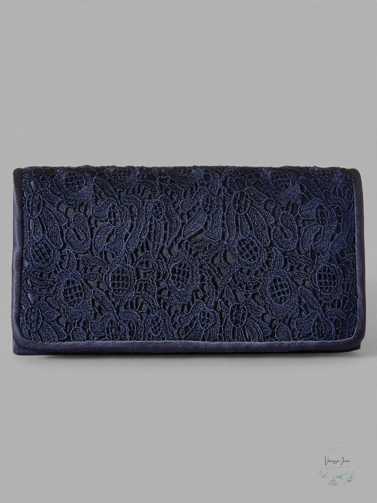 Navy lace rectangular clutch with fold-over top and clasp