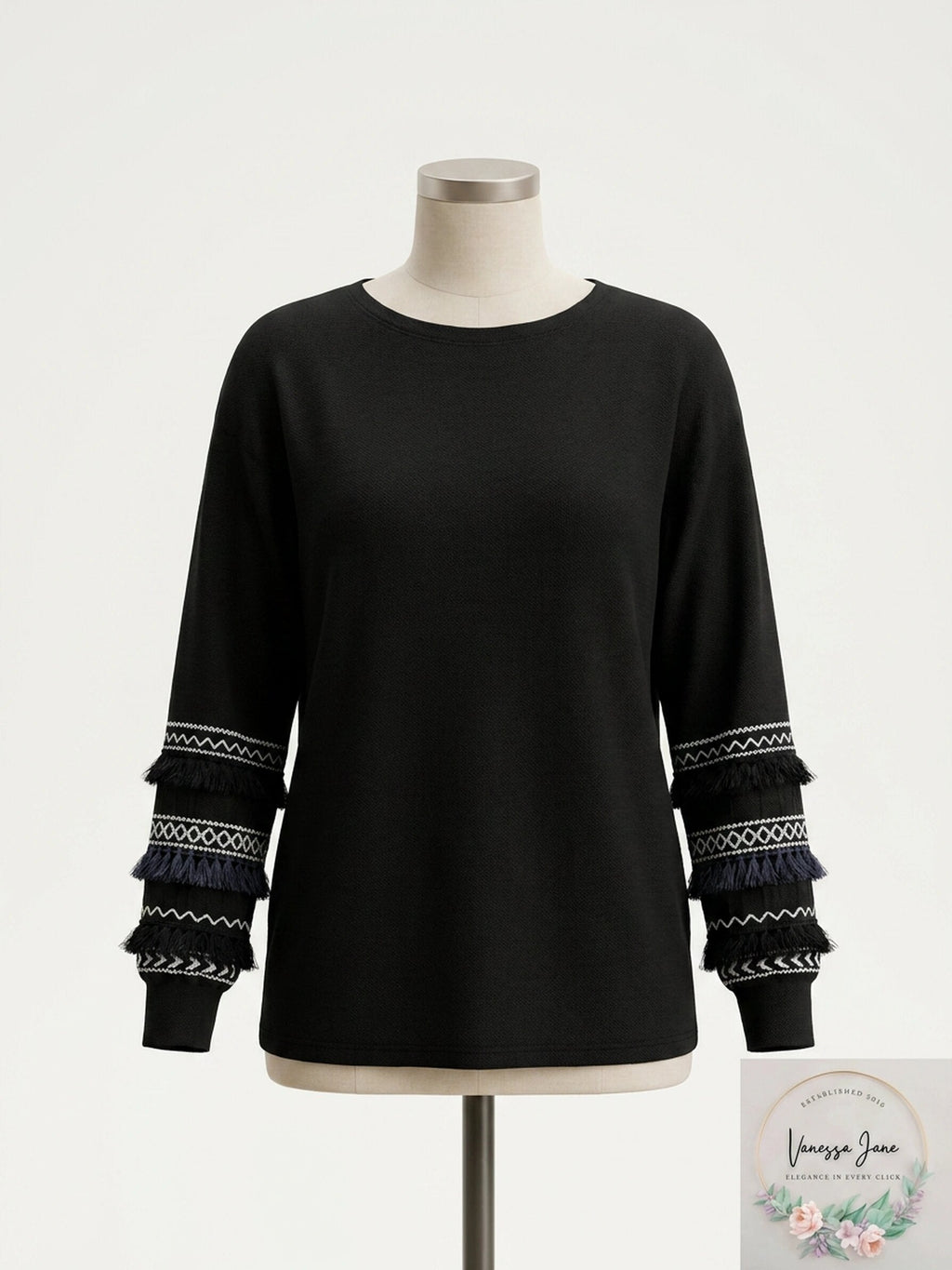 Black long-sleeve crew-neck sweater with patterned band cuffs and trim edge