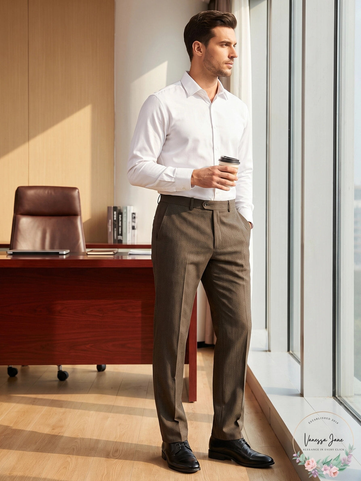 Men's classic-fit stretch plaid flannel dress pants, dark brown, side view