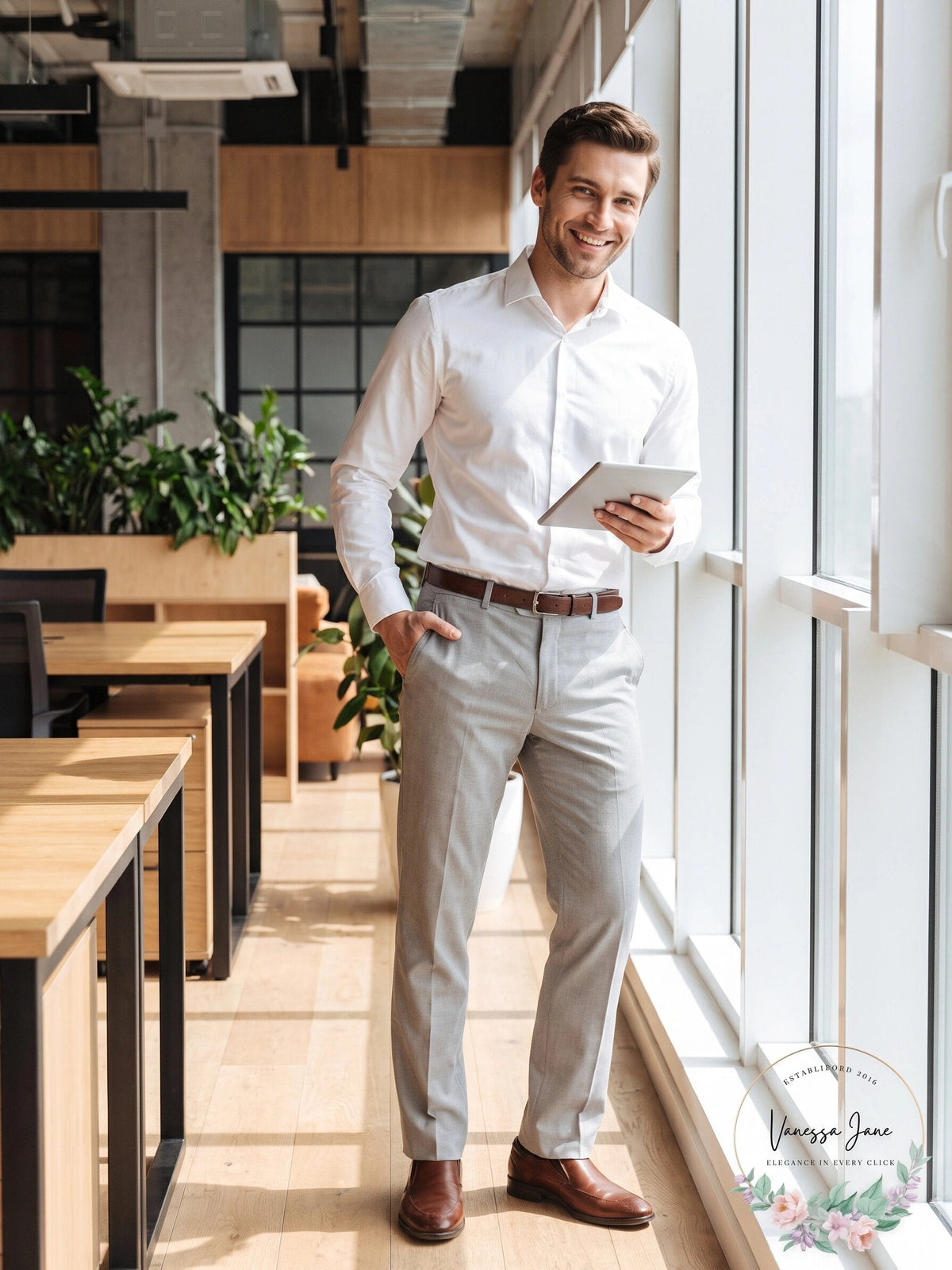 Men's light gray classic-fit wool-blend dress pants with belt loops and front crease
