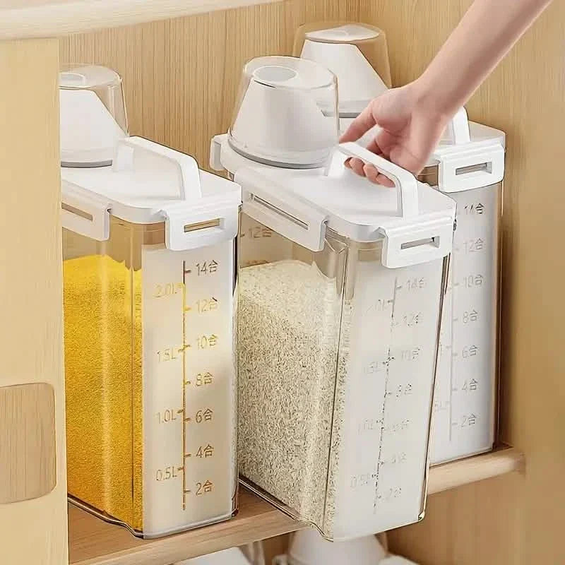 Sealed storage container with white lid and latch, clear side panels and corner handles