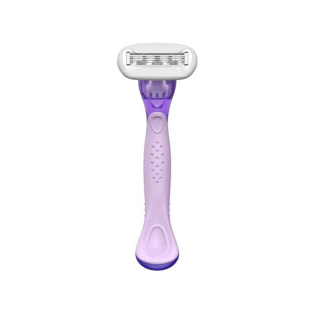 Purple-handled cartridge razor with silver 5-blade head