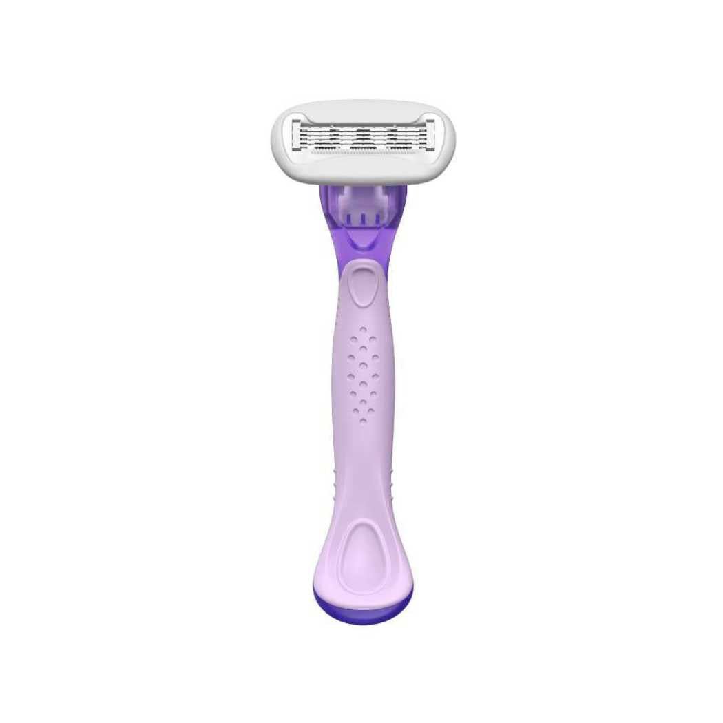 Purple-handled cartridge razor with silver 5-blade head
