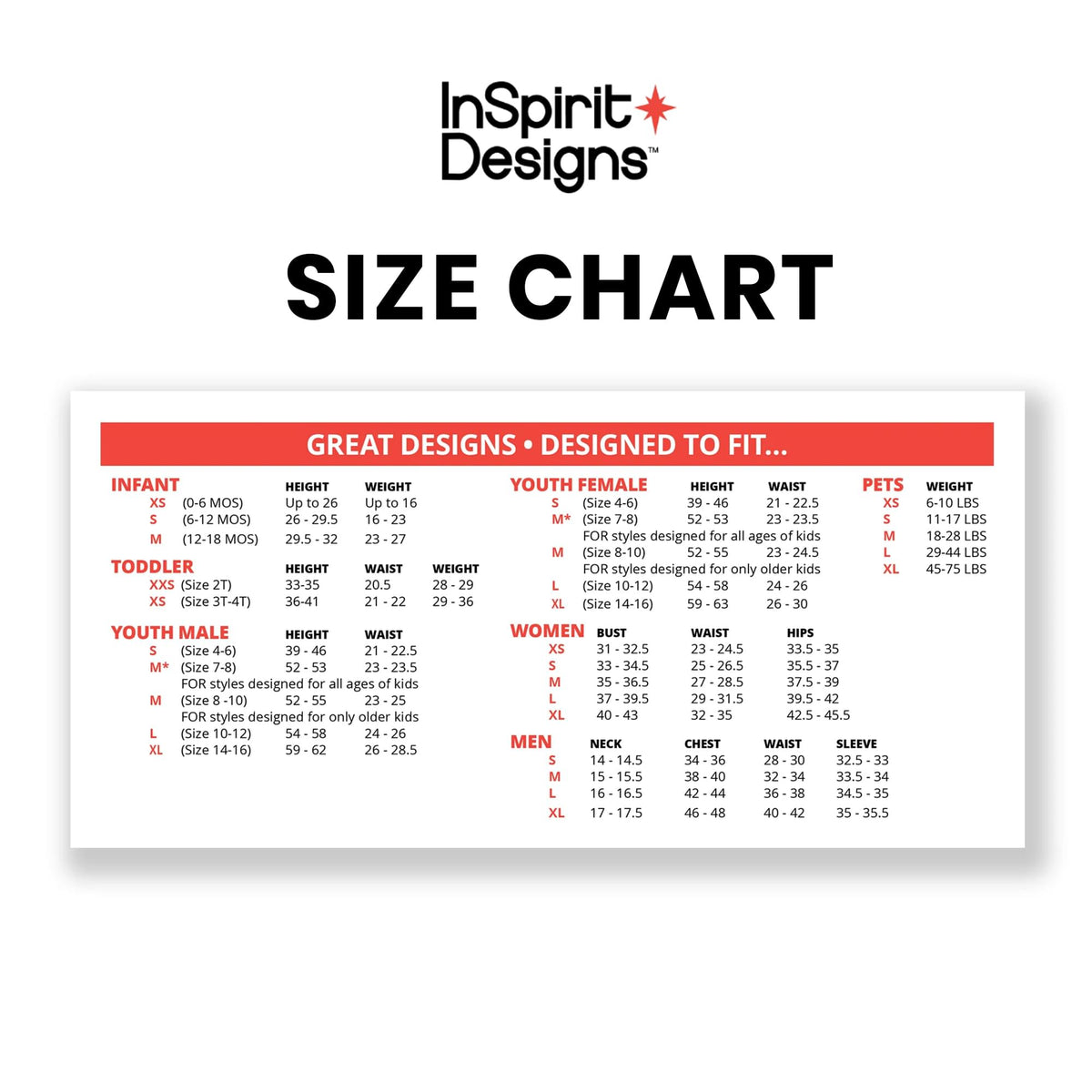 Size chart graphic for adult conductor costume