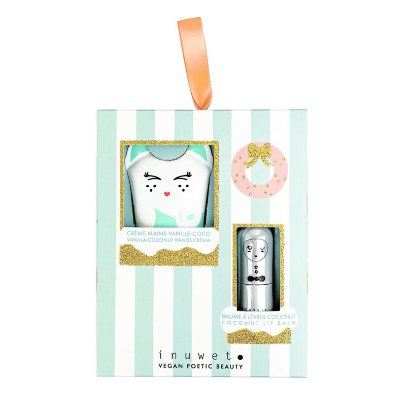 Bow lip balm and hand cream gift set in striped gift box with two tubes