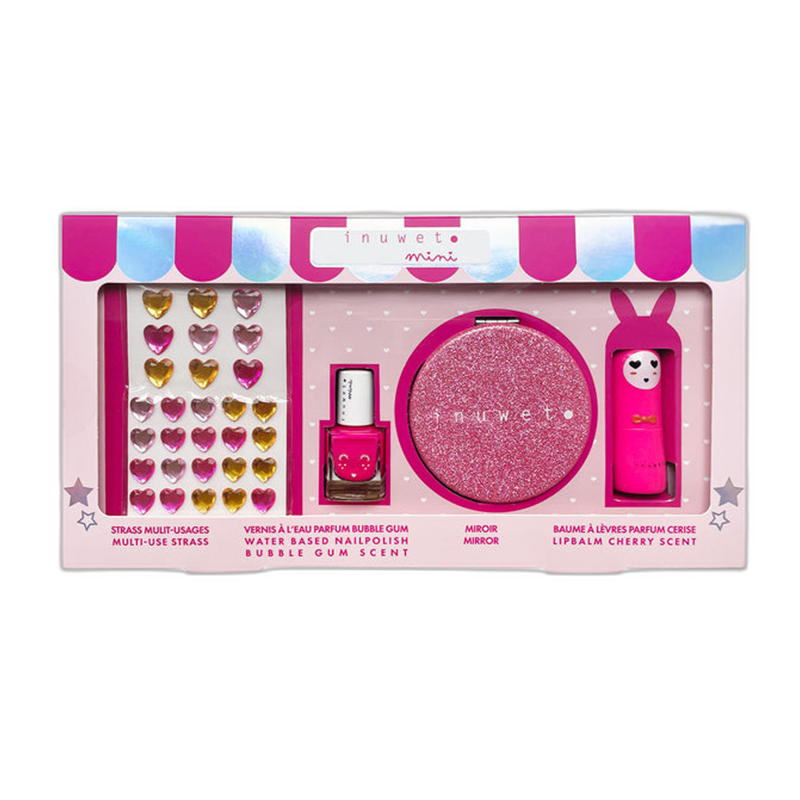Glitter kids makeup set in pink box with heart stickers, mirror, and lip gloss