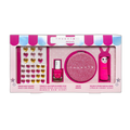 Glitter kids makeup set in pink box with heart stickers, mirror, and lip gloss