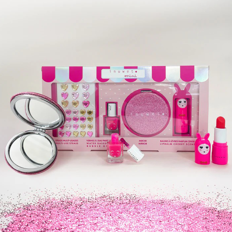 Opened glitter kids makeup set with round pink glitter compact, lip gloss, and two mirrors