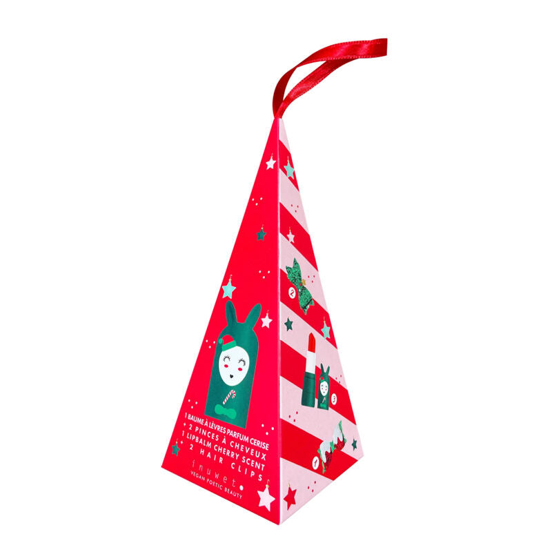 Holiday gift box with ribbon, red and white character print front