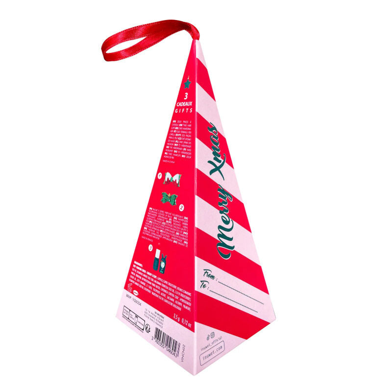 Holiday gift box with ribbon, red and white character print back