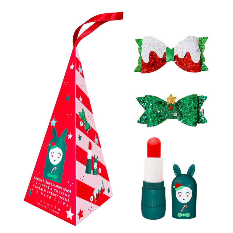 Cherry lip balm and character hair clips in holiday gift box with ribbon