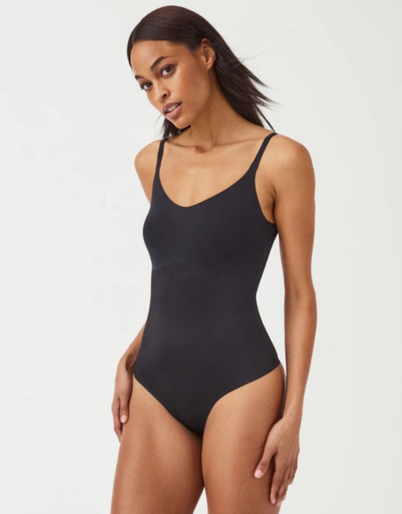 Black cami thong bodysuit with scoop neckline