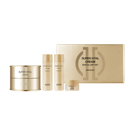 IOPE Super Vital cream gift set with gold jar, tubes, and mini bottles on white.