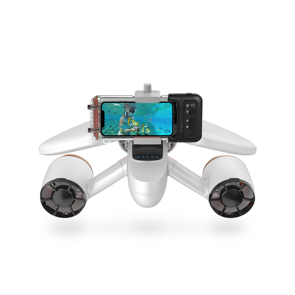 Waterproof phone case with clear front window and black back controls on a drone