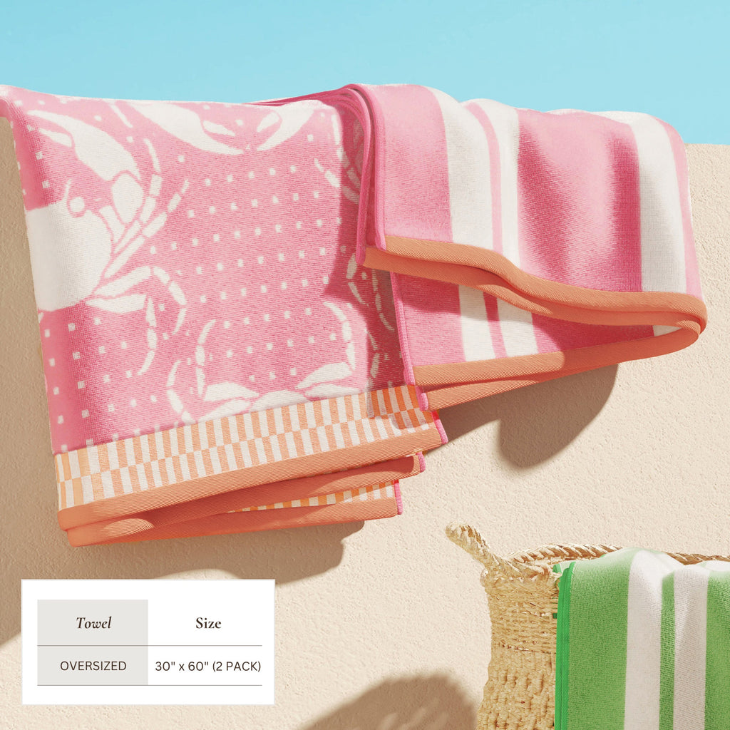 Pink and white stripe cotton velour towel bundle with orange stripe accent
