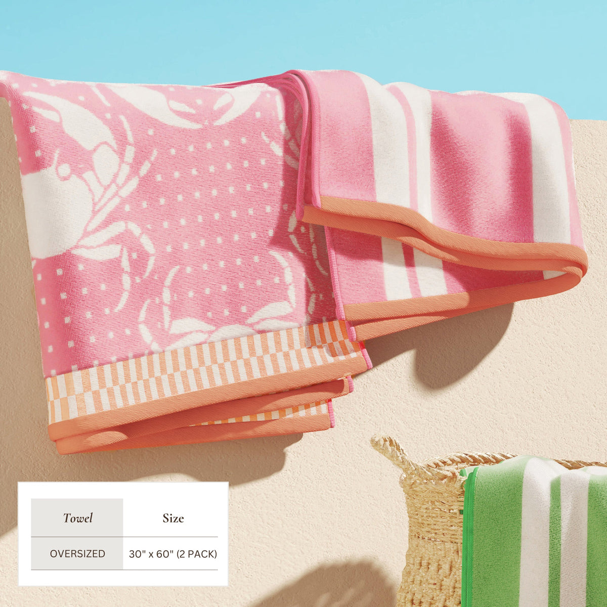 Pink and white stripe cotton velour towel bundle with orange stripe accent