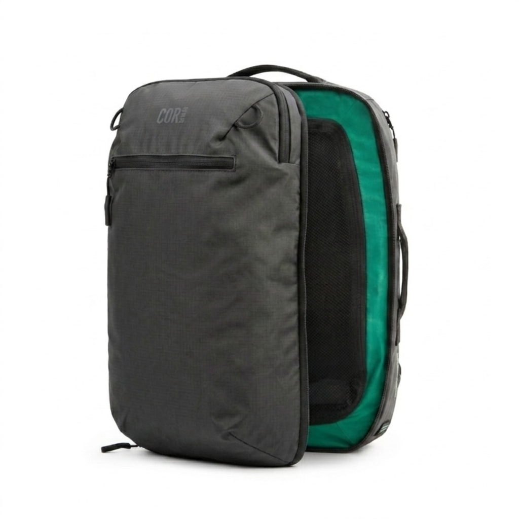 Matte black travel backpack back/side view with green-trim zipper pocket panel