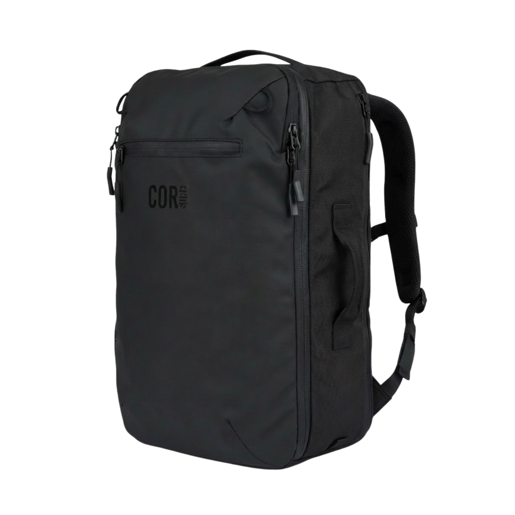 Black travel backpack with zip front and side pocket, padded shoulder straps