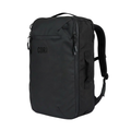 Black travel backpack with zip front and side pocket, padded shoulder straps