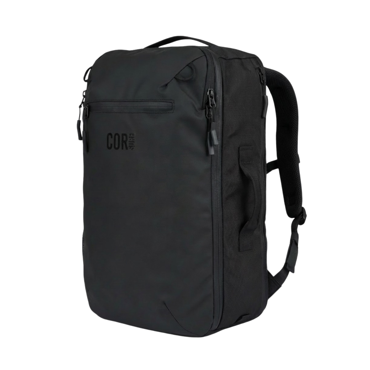 Black travel backpack with zip front and side pocket, padded shoulder straps