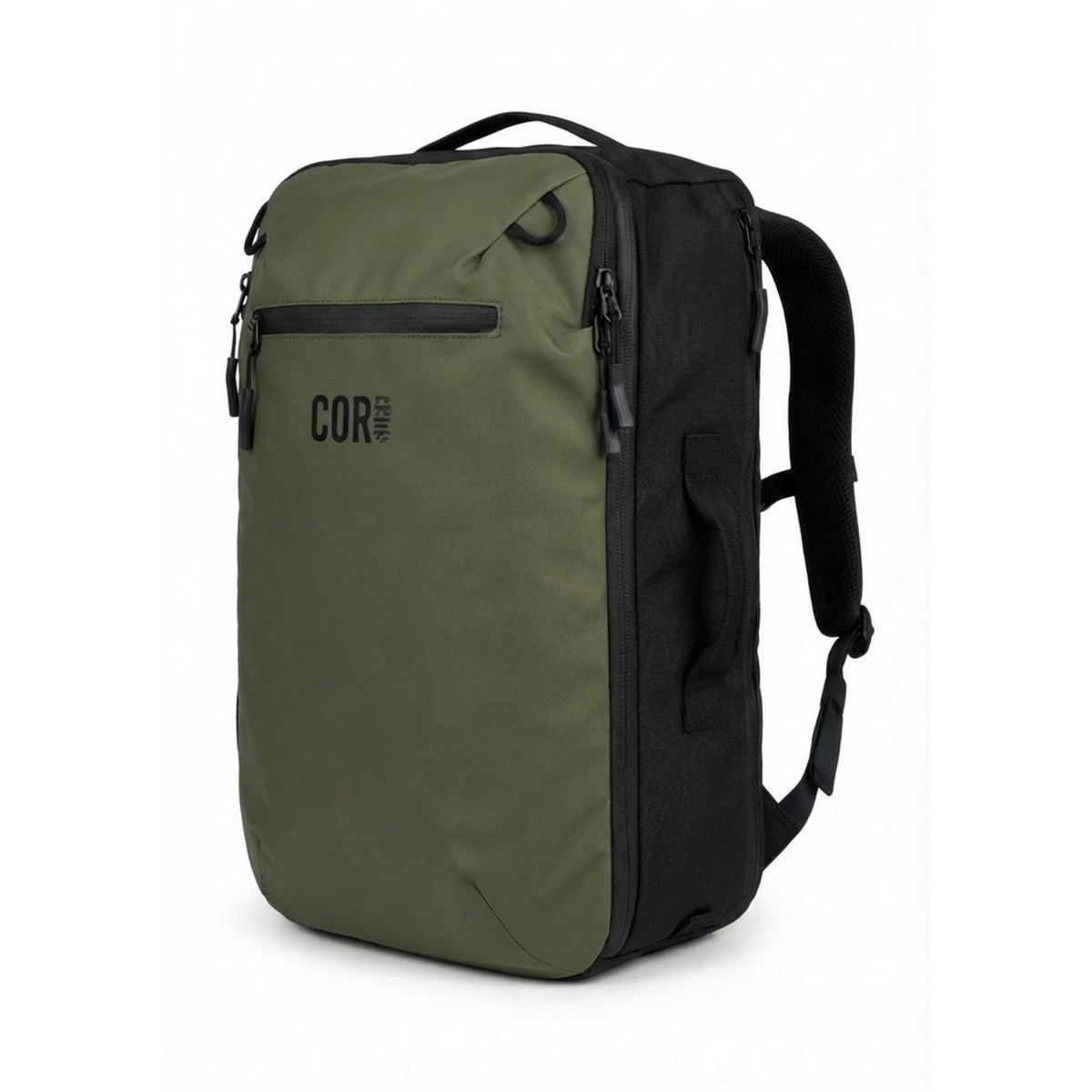 Army green and black travel backpack with zip front and padded back panel
