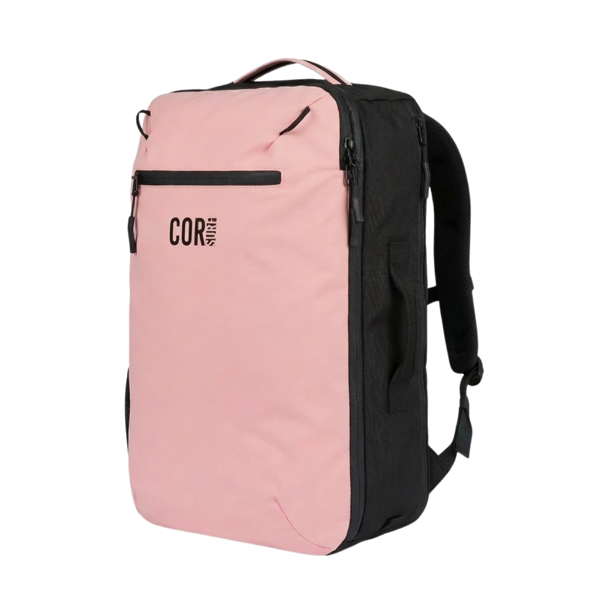 Pink and black travel backpack with zip front panel and padded carry straps