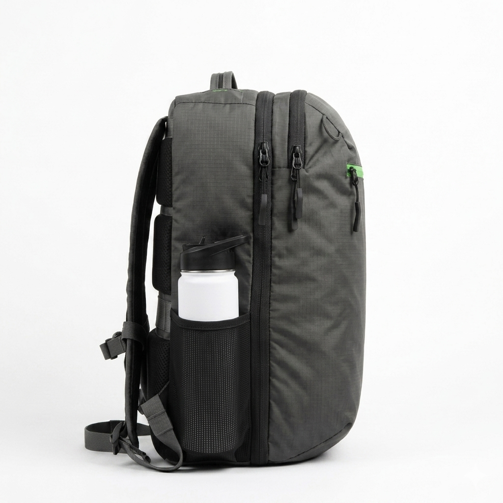 Matte black travel backpack side view with front bottle holder pocket and padded shoulder straps