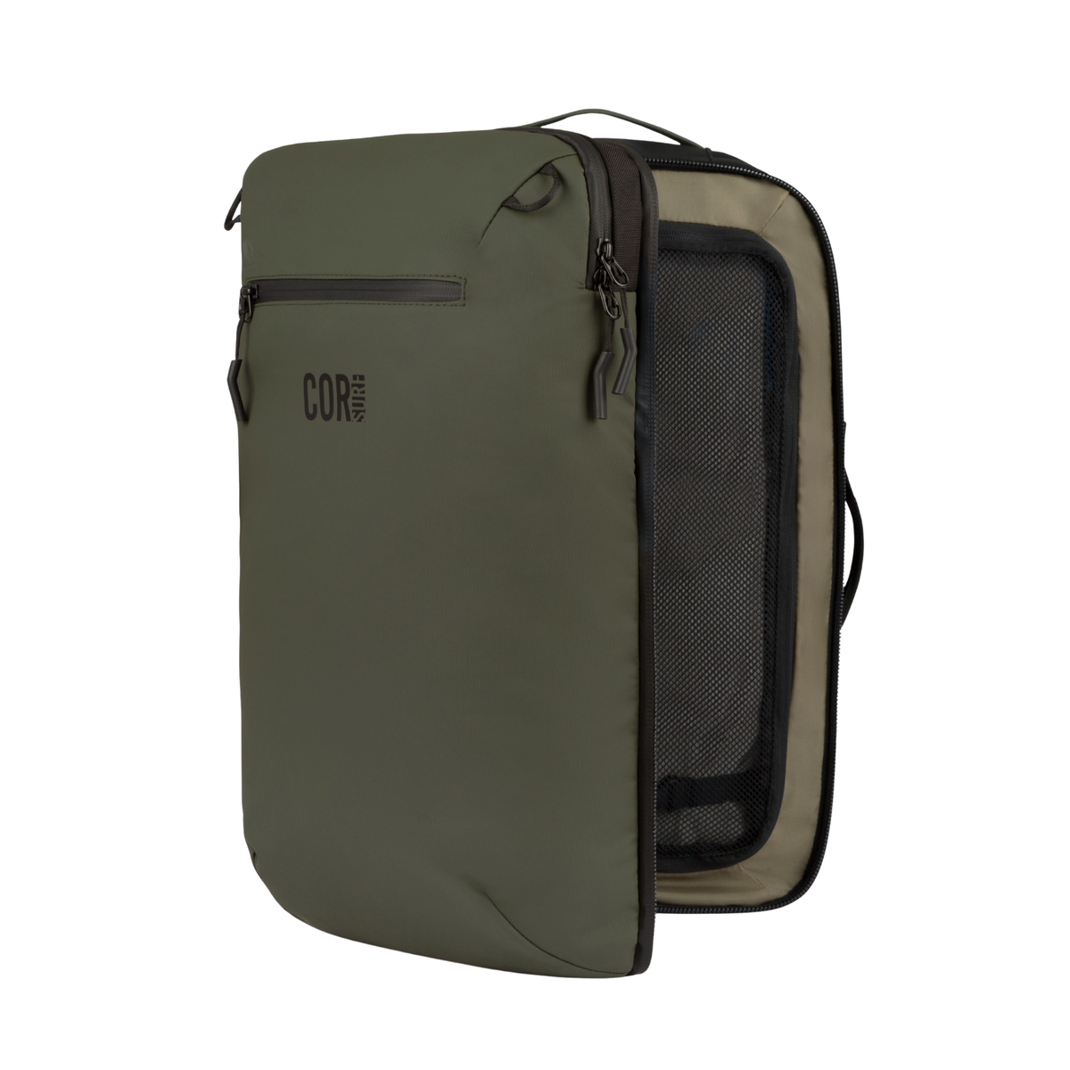 Army green travel backpack with mesh side pocket and zip front compartment