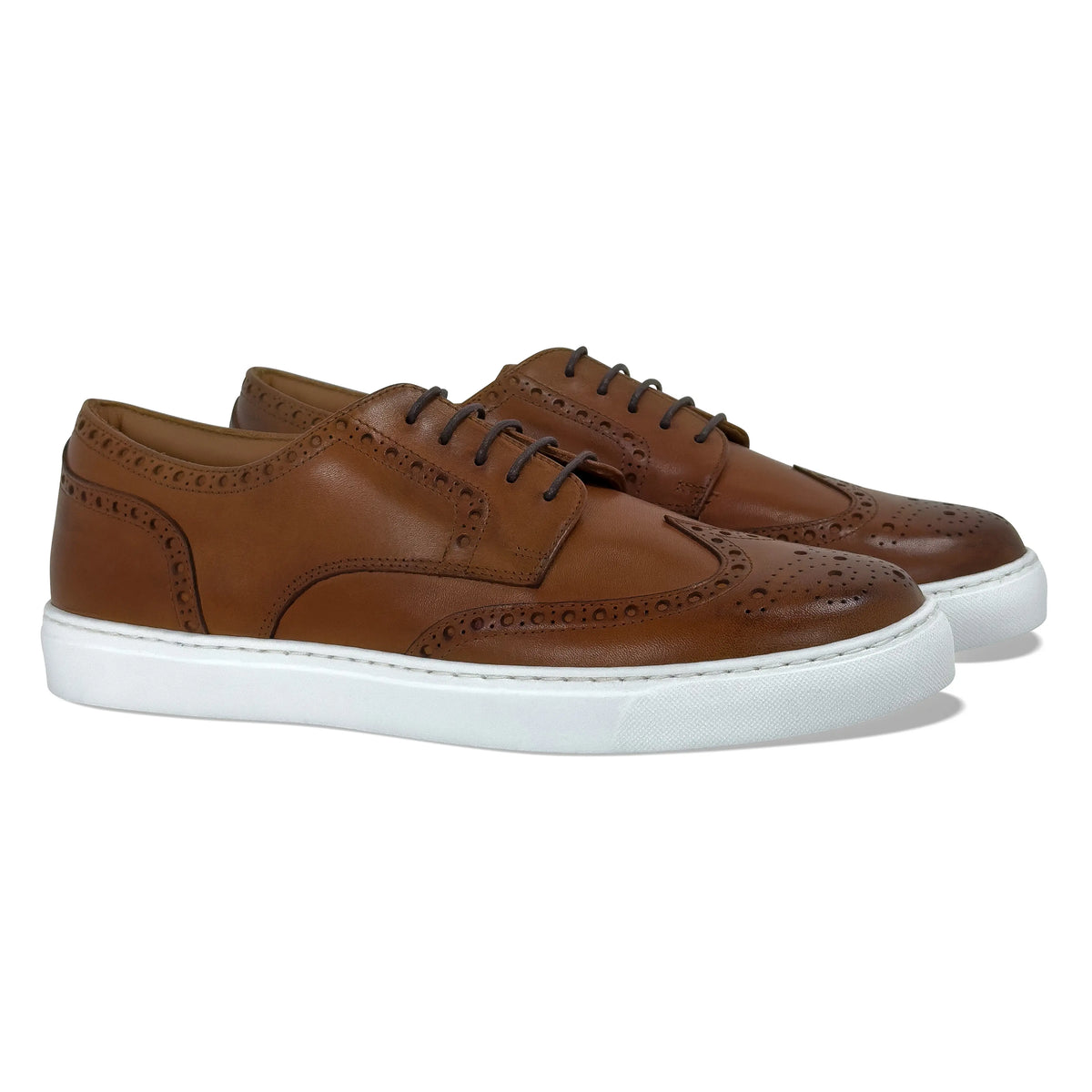 Men's cognac wingtip lace-up dress shoes with white rubber sole