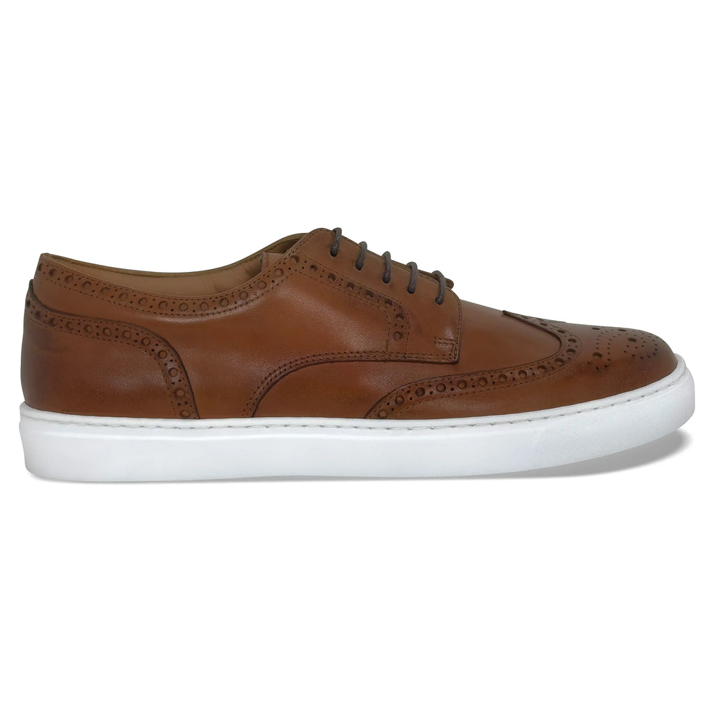 Men's cognac wingtip leather dress shoes with white sole, lace-up