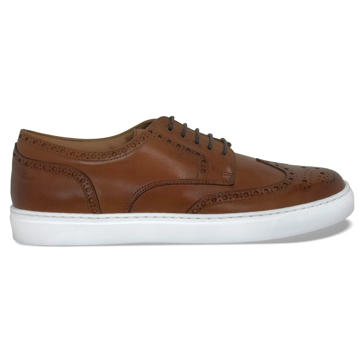 Men's cognac wingtip leather dress shoes with white sole, lace-up