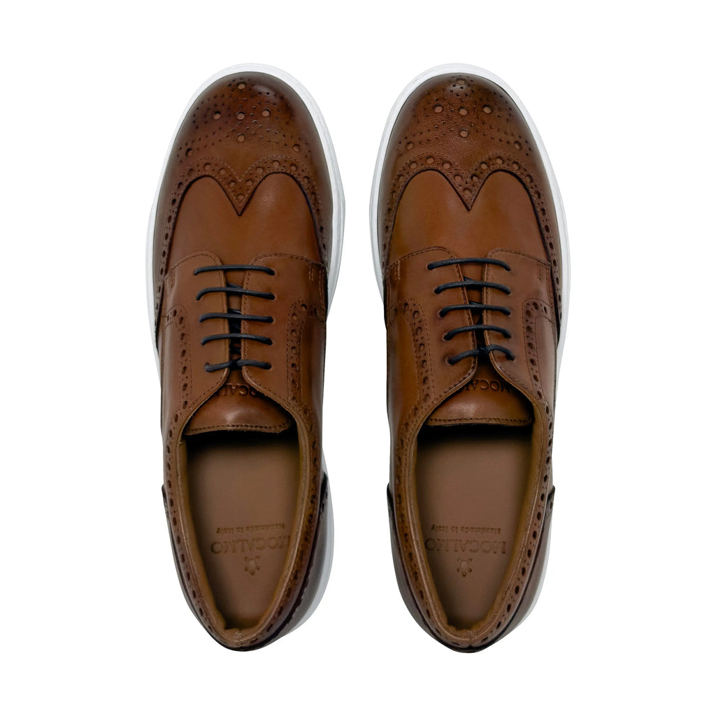 Pair of cognac wingtip lace-up dress shoes with white soles, front view