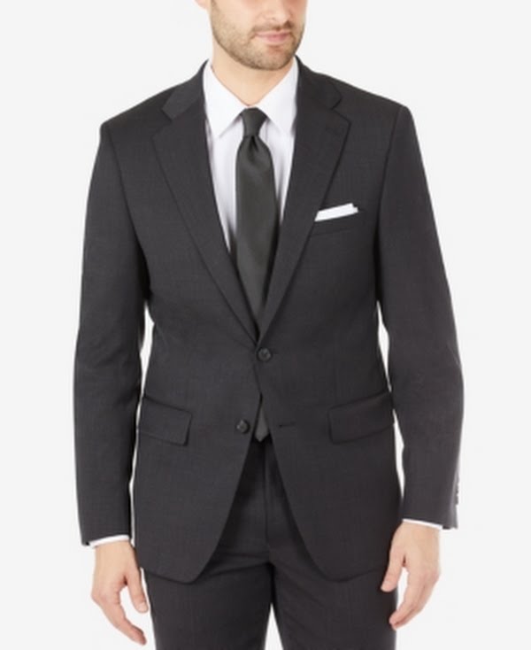 Men's slim-fit wool suit jacket front, dark charcoal, notch lapel and flap pockets