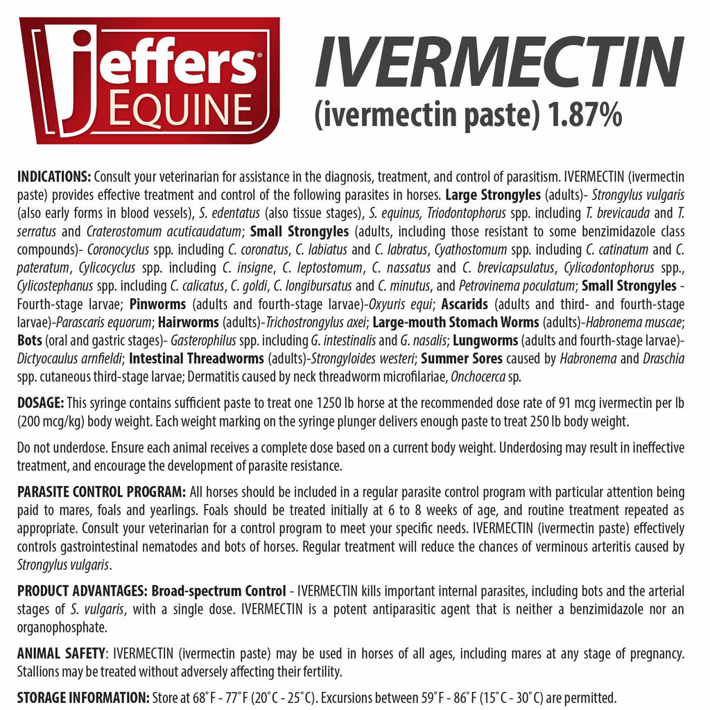 Jeffers Equine ivermectin paste box information panel with dosing instructions