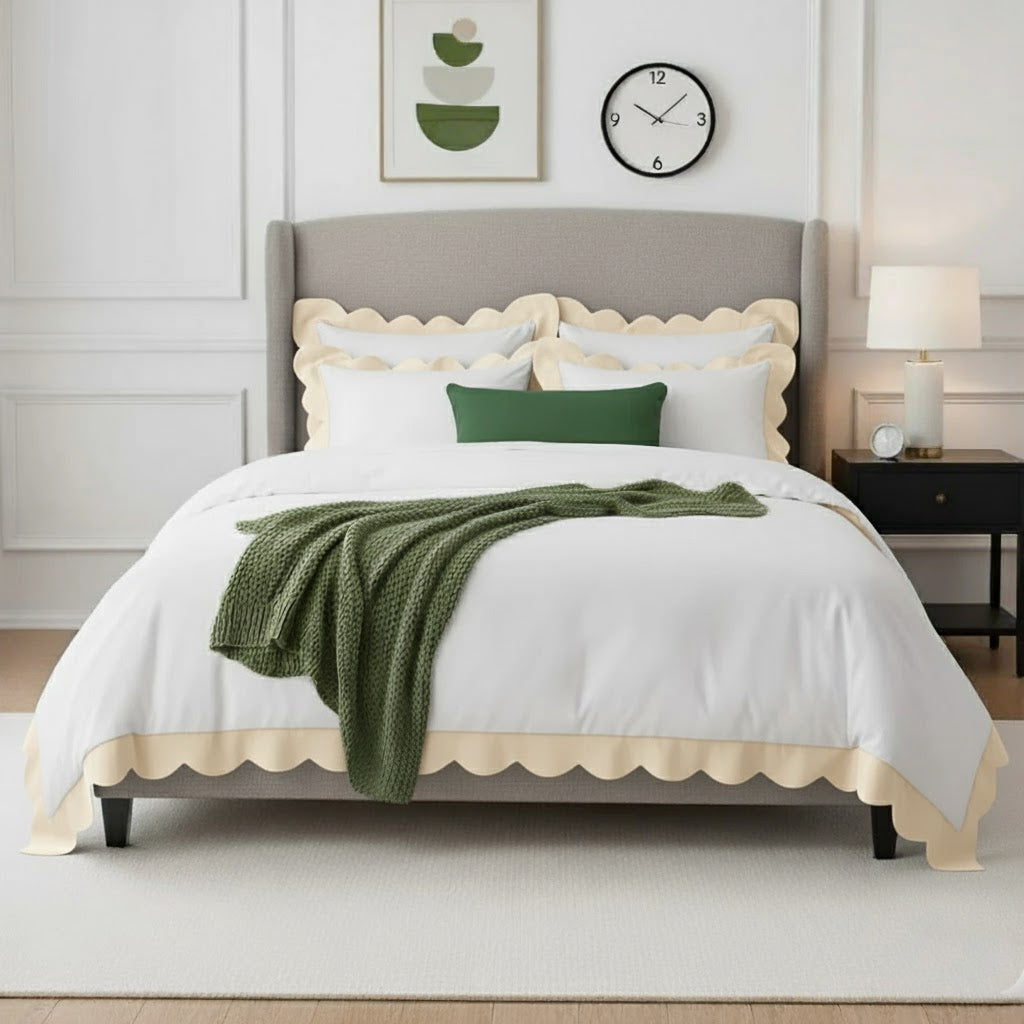 White duvet cover set with ivory wavy scallop applique border and shams