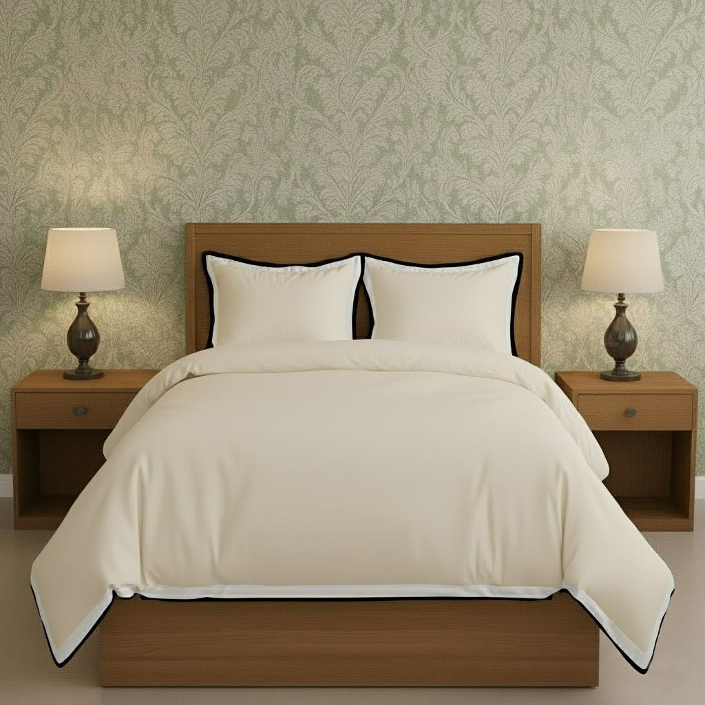 Ivory duvet cover set with dark border frame and matching pillowcases
