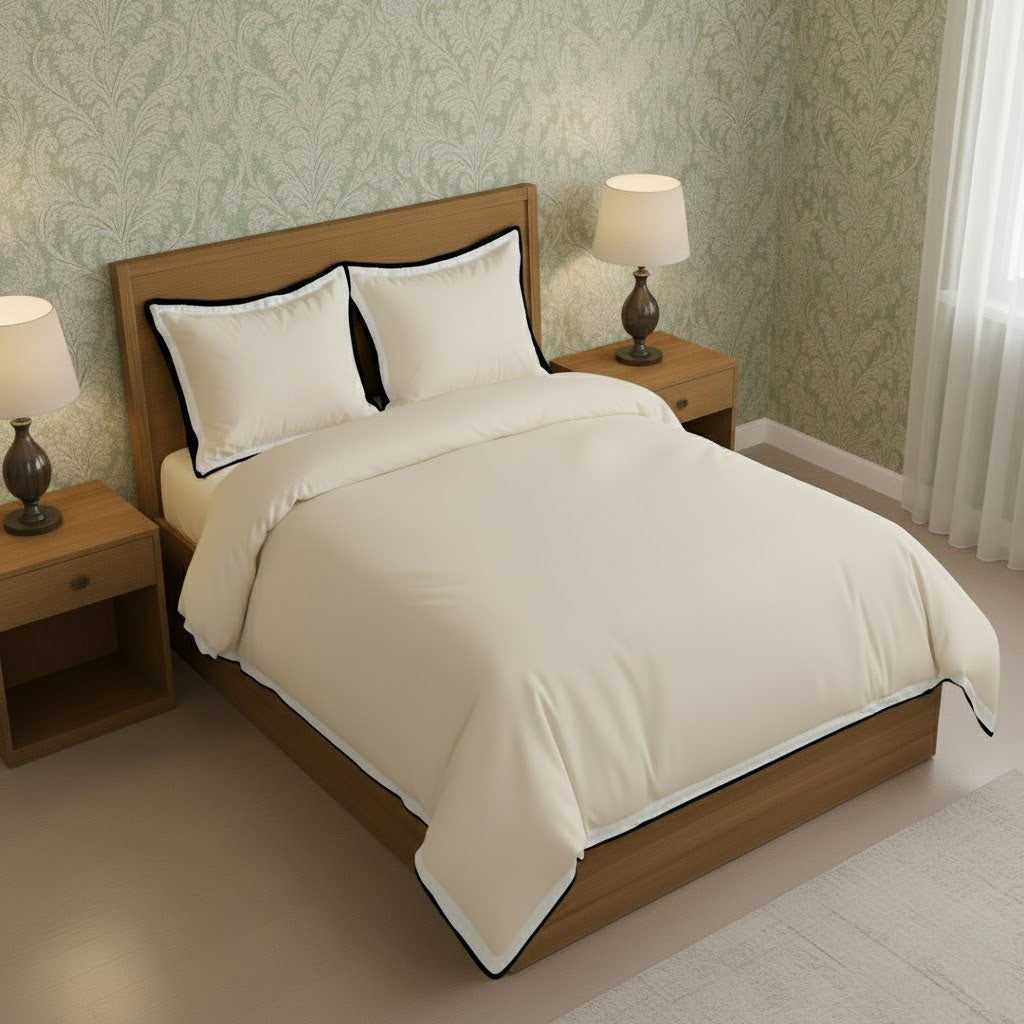 Ivory duvet cover set with dark border frame and matching pillowcases