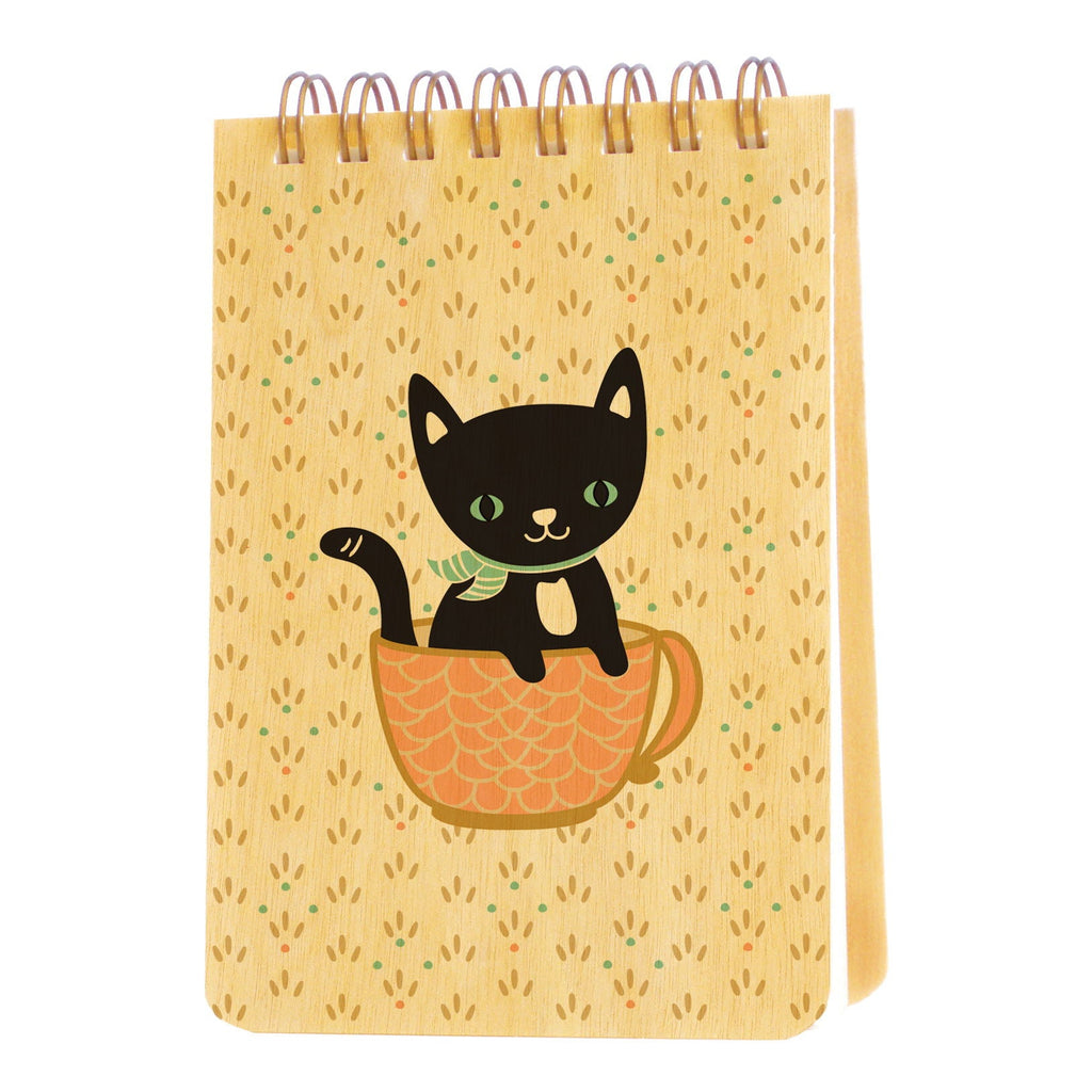 Wood mini notepad with black cat in orange cup, spiral wire binding