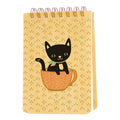 Wood mini notepad with black cat in orange cup, spiral wire binding