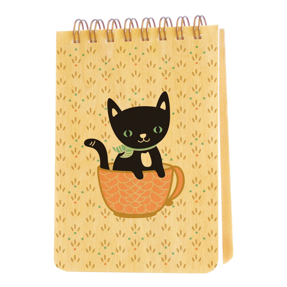 Wood mini notepad with black cat in orange cup, spiral wire binding