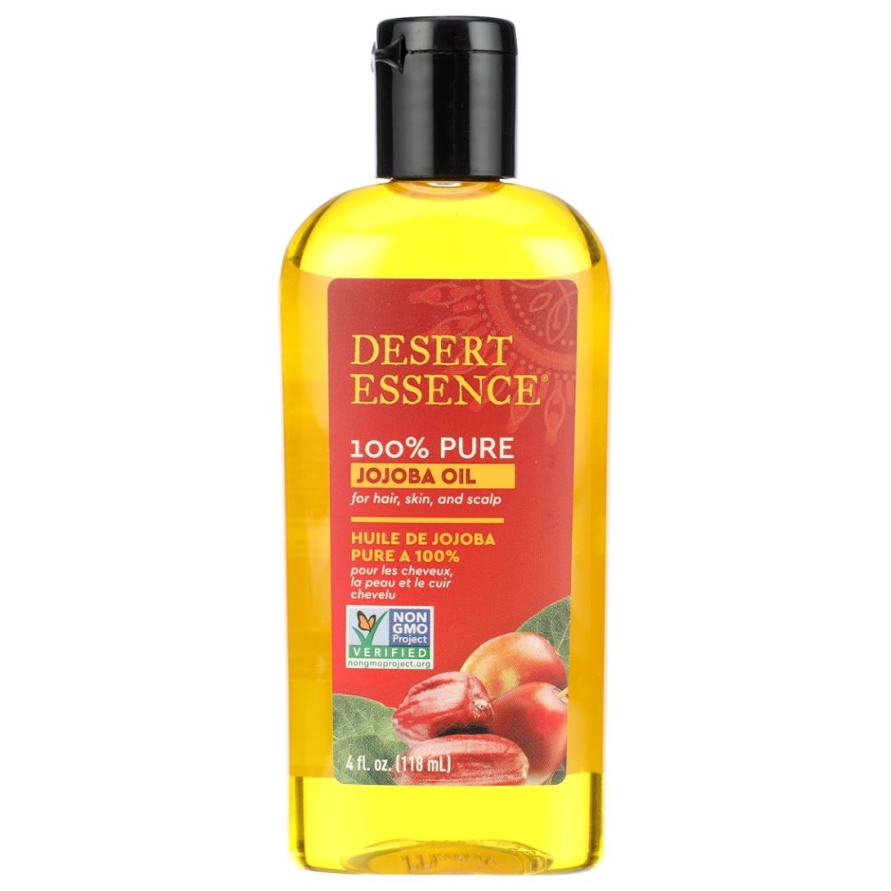 Jojoba oil bottle with black cap and yellow liquid, front label