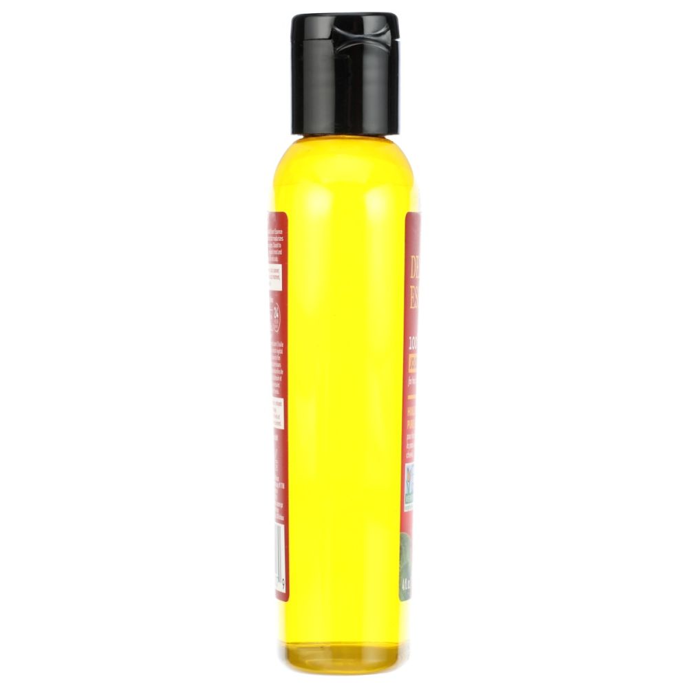 Jojoba oil bottle side view with black cap and yellow liquid