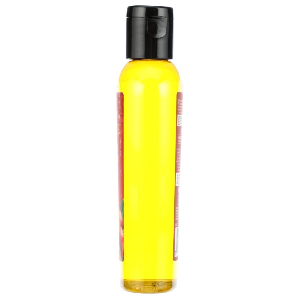 Jojoba oil bottle angled side view, black cap, yellow liquid