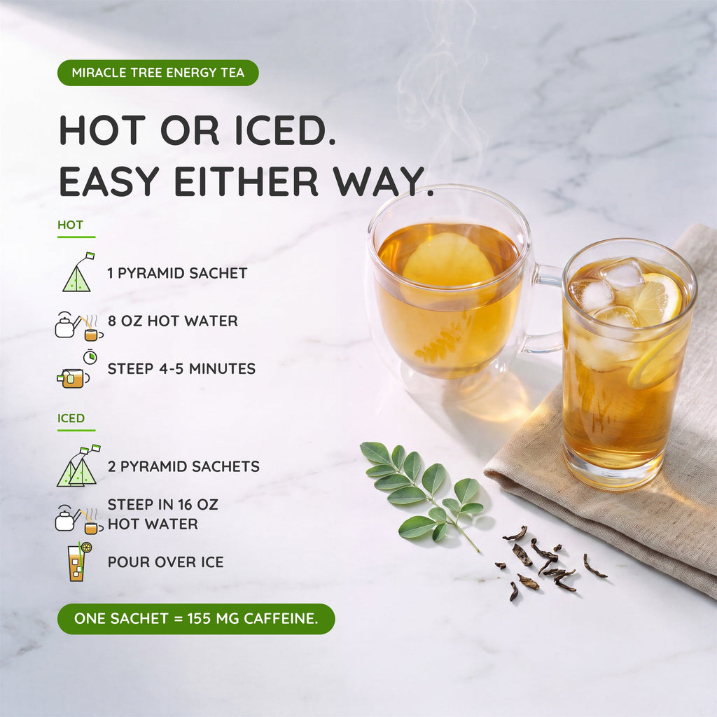 Hot and iced moringa energy tea with pyramid sachets and glass cups