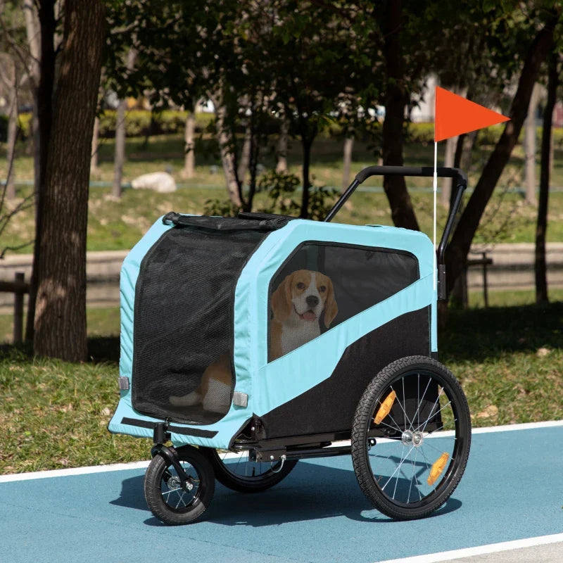 Blue dog pet stroller trailer with mesh cabin and front wheel, dog sitting inside